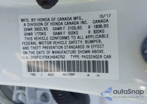 2018 Honda Civic Touring из США, поврежденный, VIN 2HGFC1F9XJH640762